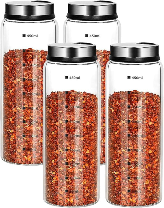 15 oz Salt and Pepper Shakers Set with Adjustable Outlet Holes Clear Glass Bottles Spice Seasoning Cans Jar for Kitchen Decor and Home Restaurant BBQ Camping Farmhouse(4 Pcs, 450 ML)