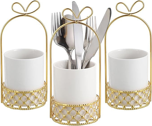 JUXYES Ceramic Silverware Holder For Tabletop, White Cutlery Holder With Golden Metal Bracket, Decorative Flatware Holder Countertop Utensil Holder Organizer for Wedding Kitchen Dining Tables