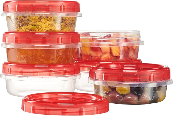 PLASTICPRO 12 Pack Twist Cap Food Storage Containers with Red Screw on Lid- 8 oz Reusable Meal Prep Containers - Freezer and Microwave Safe Red Plastic Food Storage