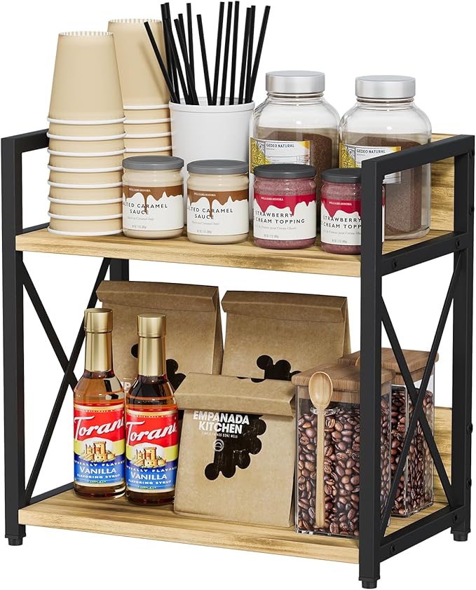 YINMIT Countertop Shelf Organizer,Coffee Bar Accessories,Spice Rack,Coffee Counter Shelf,2 Tier Coffee Organizer Station for Mugs,Cups,Cream,Syrup(Flame-colored, Medium)