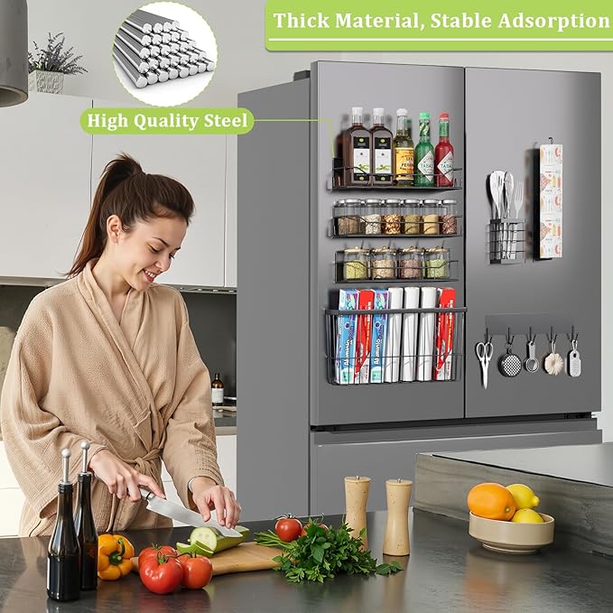 Magnetic Spice Rack for Refrigerator, 7 Pack Magnetic Fridge Shelf for Kitchen Organization Storage, Moveable Spice Organizer W/Paper Towel Holder, Utensil Caddy, Cutting Board Rack (Black)