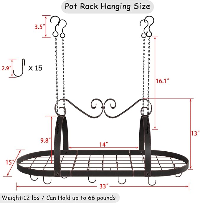 Hanging Pot Rack Ceiling Mount, 33" Metal Ceiling Pan Hanging Rack with 15 S Hooks, Oval Pot and Pan Storage Rack, Decorative Vintage Brown Pot Hangers for Kitchen Organize Utensils Cookware
