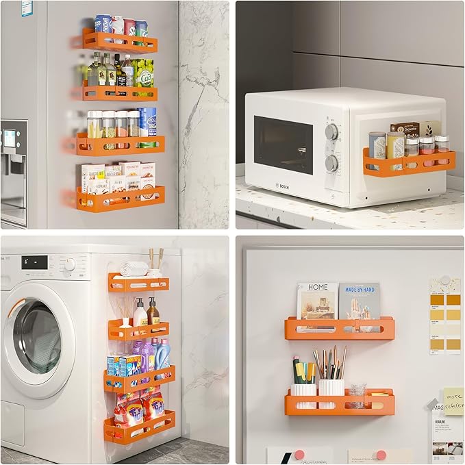 4 Pack Magnetic Spice Rack for Refrigerator, Spice Rack Organizer, Moveable Magnetic Shelf Fridge Organizer with 4 Hooks for Kitchen and Oven Organization, Orange