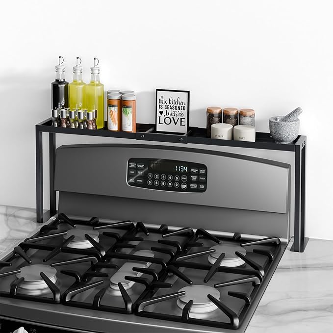 Bumusty Spice Rack Shelf for Kitchen Stove, 32" Stove Top Shelf, Stove Shelf for Back of Stove, Over the Stove Shelf, Kitchen Organizers, Oven Shelf for Top of Stove, Matte Black