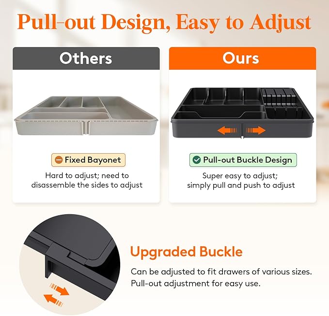 Lifewit Silverware Organizer for Kitchen Drawers, Expandable Utensil Tray with Removable Knife Block, Adjustable Cutlery and Flatware Holder, Plastic Spoon Forks Holder Storage Divider, Large, Black