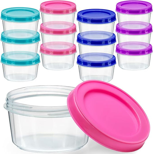 DecorRack 12 Pack - 7 oz Plastic Food Storage Containers with Screw Lids, BPA-Free, Reusable Stackable Jars for Portion Control, Snacks, Travel, Kitchen, Freezer, Art and Craft (Assorted Color)