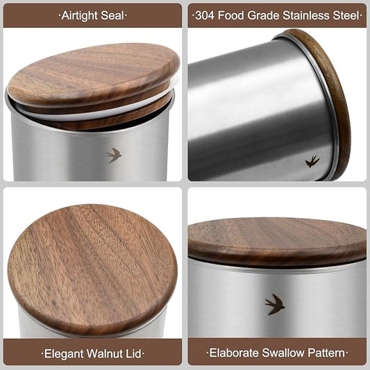 Food Storage Jar Canister with Airtight Walnut Wood Lid Elegant Design Stainless Steel Canister for Tea Coffee Sugar Spice Nuts Snacks Seasonings Storage Jar Caddy (12.8oz Natural)