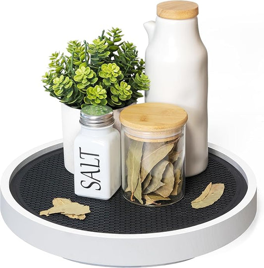 Non-Skid Wood Lazy Susan Organizer Turntable for Home Decor – Stylish 10.5" Lazy Susan Turntable for Cabinet, Pantry & Coffee Table - Great for Bathroom Organizers and Storage (White)