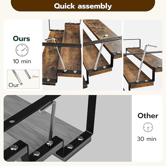 TEMI 3 Tier Spice Rack Organizers - 15.7 Inches Expandable Cabinet Organizers for Kitchen Organization, Rustic Brown Wood and Metal Tiered Shelves for Jars and Spices, Easy to Assemble, Set of 2