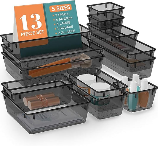WOWBOX 13 PCS Plastic Drawer Organizer Set, Desk Drawer Divider Organizers and Storage Bins for Makeup, Jewelry, Gadgets for Kitchen, Bedroom, Bathroom, Office, Black