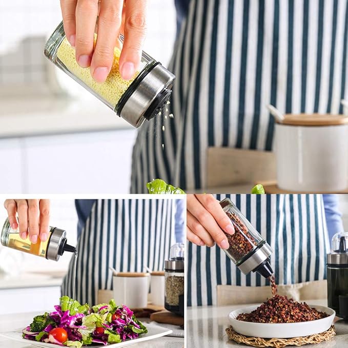 Mlici 6pc Rotating Glass Spice Jars with Base, Oil Vinegar Dispenser Set for Kitchen Countertop Storage, Space-Saving Seasoning Containers for Salt, Pepper and Olive Oil