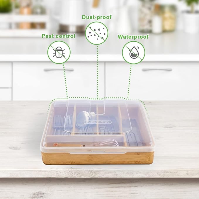 Bamboo Silverware Organizer,Wooden Silverware Tray for Drawer, Utensil Drawer Organizer in Kitchen for Spoons Forks Knives, Multipurpose Use, Eco-Friendly, Large