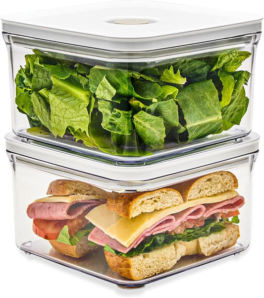 Premium Airtight Food Storage Containers, Square 2PC/Set(1.48qt/1.4Lx2pcs), Smart One-Click Seal Lid, No Hinges, 100% Leak Proof, BPA-FREE, Dishwasher, Freezer & Microwave Safe