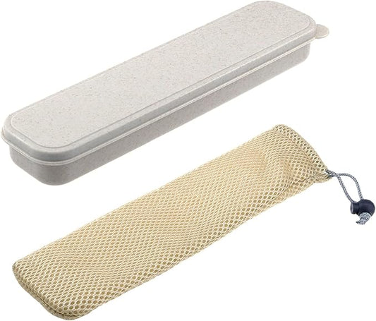 MY MIRONEY Portable Travel Tableware Box Beige Flatware Storage Box Case Travel Utensils Cutlery Case with Bag for Fork Spoon Chopsticks