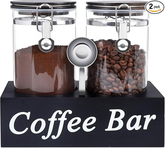 WYTAOHZL 2PCS Glass Coffee Containers With Shelf 54 oz Station Organizer Bean Storage With Spoon Canister Set Jars With Airtight Locking Clamp for Ground Nuts