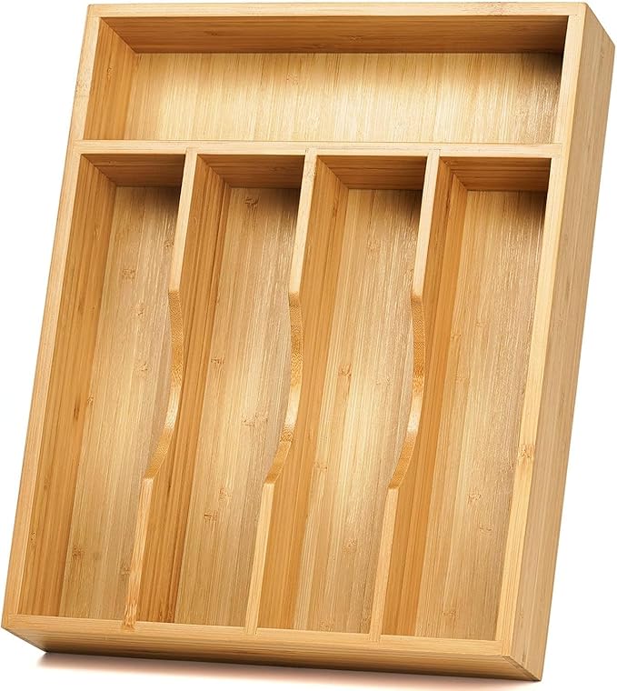Bamboo Cutlery Drawer Organizer, Kitchen Utensil Organizer with Dividers for Flatware, Silverware Knives in Kitchen, Bedroom, Living Room (5 Slots)