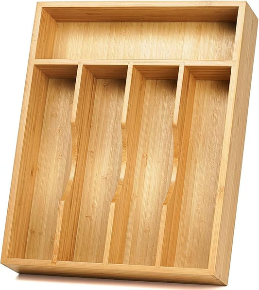 Bamboo Cutlery Drawer Organizer, Kitchen Utensil Organizer with Dividers for Flatware, Silverware Knives in Kitchen, Bedroom, Living Room (5 Slots)