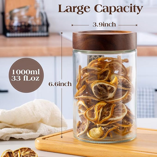 Angadona Glass Jar With Airtight Wood Lid, 33oz Wide Mouth Glass Canister pantry storage containers Kitchen Jar for Coffee,Sugar,Cookie,Nuts,spaghetti,Flour and Candy (2 pack)