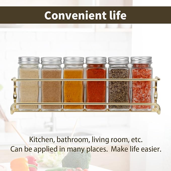 2 Pack Self Adhesive Wall Mounted Fridge Refrigerator Spice Racks,Metal Kitchen Seasoning Jar Organizer for Space Saver,Hanging Spice Organizer Shelf for Kitchen Cabinet,Wall,Pantry Door.Gold