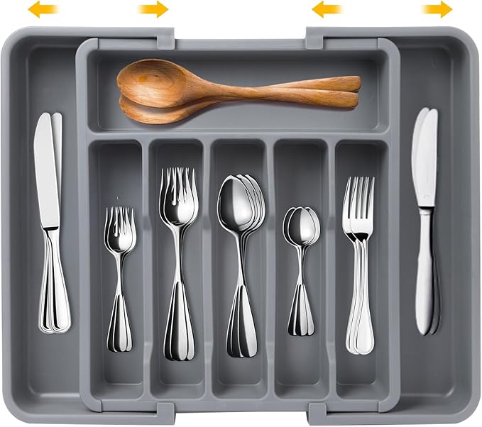 Houseware Expandable Kitchen Drawer Flatware Organizer,Silverware Organizer Utensil Drawer Cutlery Tray, Grey