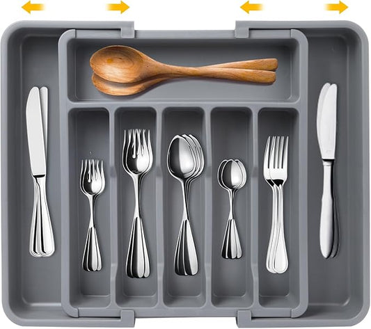 Houseware Expandable Kitchen Drawer Flatware Organizer,Silverware Organizer Utensil Drawer Cutlery Tray, Grey