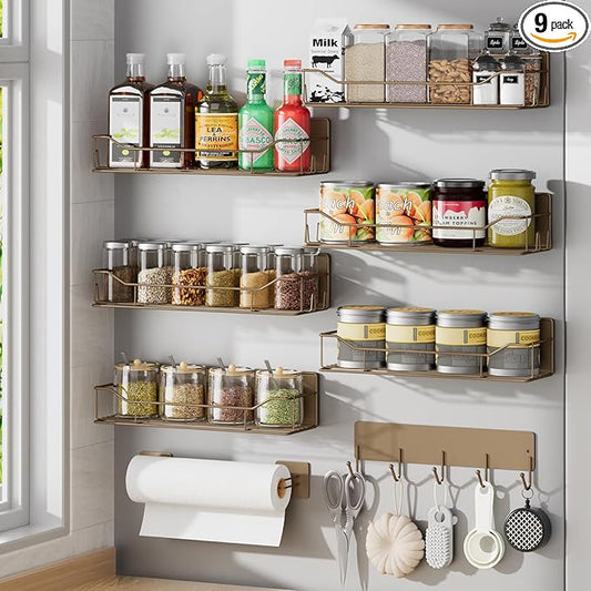 Magnetic Spice Rack for Refrigerator, 9 Pack Magnetic Fridge Shelves W/Adjustable Paper Towel Holder, Hook Rack, Moveable Spice Organizer Shelf for Kitchen Organization and Storage (Brown)