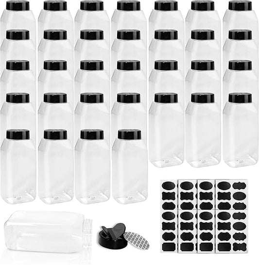 34 Pack 16 oz Plastic Spice Jars with Cap Clear Empty Square Bottle With flip lid Reusable Spice Bottle Large Seasoning Jars Powder Storage Container for Storing Seasoning Powders Supplies