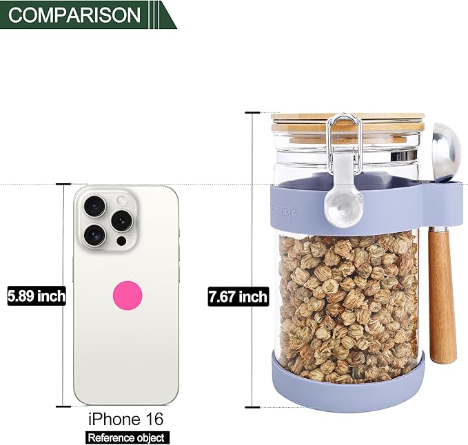 KKC HOME ACCENTS Airtight Clear Glass Food Storage Jar with Clamp Lid and Scoop,Glass Canister with Sealed Bamboo Lid for Loose Tea,Coffee Bean,Nut,Sugar,40 Fluid Ounce