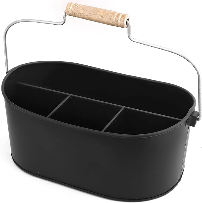 Alpha Living Home - Wooden Utensil Holder for Kitchen, Rustic Silverware Caddy with Handle – Galvanized Flatware Organizer for Forks, Spoons, Knives, Picnic, Countertop & Dining Table – Jet Black