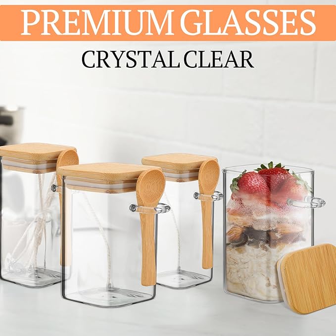 Pickmesh 4 Pcs Overnight Oats Containers with Lids and Spoons Overnight Oats Jars Oatmeal Cups Square Glass Meal Prep Container Storage Bottle Glass Jar for Pudding Yogurt (16oz, 10oz,Square Style)