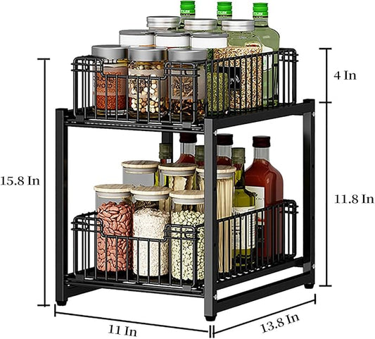 Under Sink Organizer, 2-Tier Pull Out Cabinet Organizer, Kitchen Bathroom Organizer and Storage, Spice Rack for Kitchen, Multi-use Sliding Drawers Shelves, Pack of 2