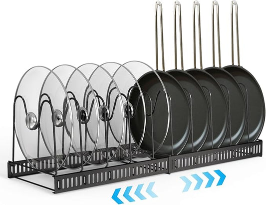 JOYART Pot and Pan Organizer, Expandable Pot Lid Organizer with 10 Adjustable Dividers, Cutting Board Organizer for Kitchen Cabinet Organizers and Storage, Black