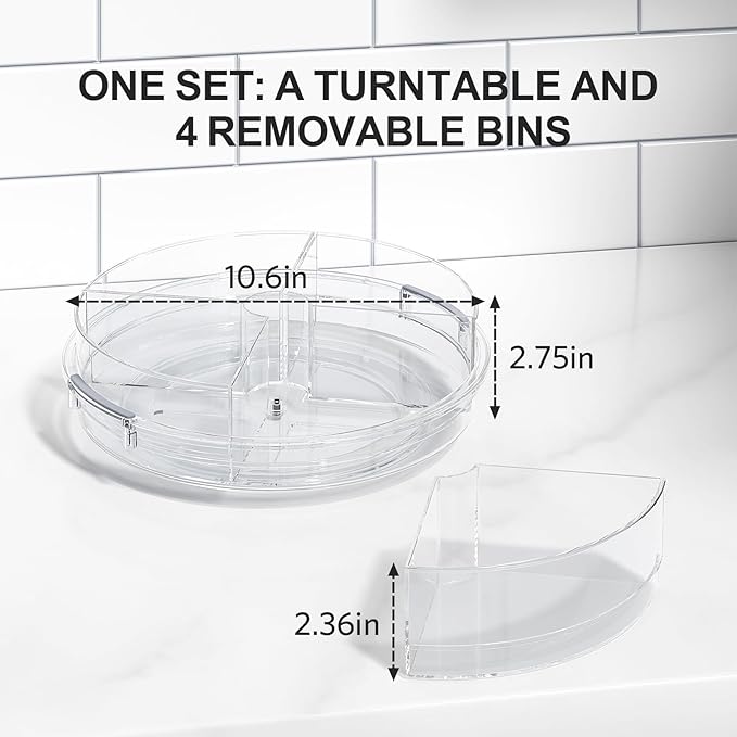 LAMU 2 Pack Lazy Susan Turntable Organizer for Cabinet with 4 Removable Bins 10.6'' Rotating Condiment Snack Organizer Storage for Kitchen Pantry, Fridge, Bathroom, Medicine Cabinet Organizer