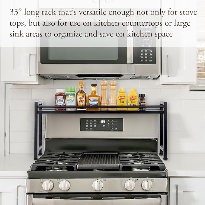 MyGift 33 Inch Wide Over The Stove Top Spice Shelf, Industrial Black Metal Stovetop Range Display Rack, Space Saving Kitchen Counter Storage Organizer Stand