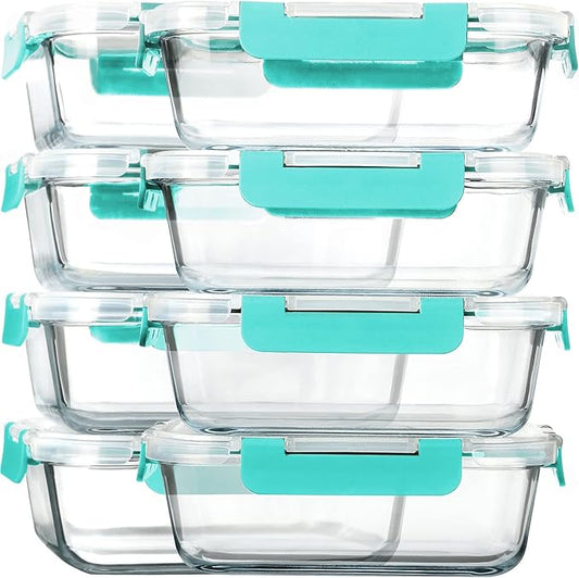 [8-Pack,30 oz]Glass Meal Prep Containers,MCIRCO Glass Food Storage Containers,Airtight Glass lunch Containers with Lids, Microwave, Oven, Freezer and Dishwasher, Green
