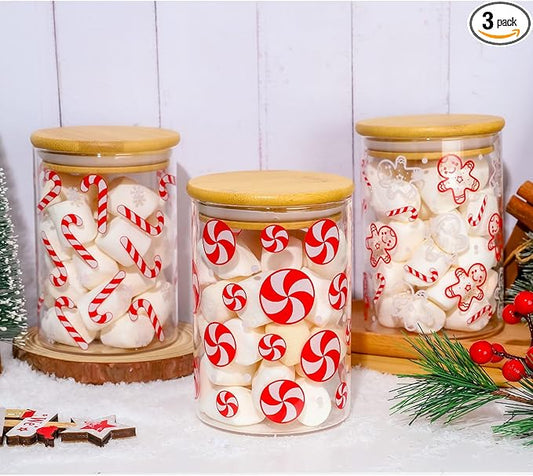 3Pcs Christmas Glass Storage Jars Red White Candy Cane Gingerbread Man Clear Canisters Sets with Airtight Lid for Xmas Home Kitchen Countertop Decor