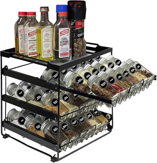 Artibear Desktop Pull Out Spice Rack Organizer for 54 Standard 4-Ounce Jars, 3-Tier Countertop Spice Holder for Kitchen, Matte Black (Jars Not Included)