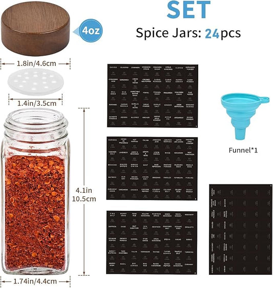 Yangbaga 24Pcs Glass Spice Jars with Labels-4OZ Wood Lid Square Spice Containers with Pepper Grinder Lids &Funnel,Seasoning Jars for Rack Cabinet Drawer