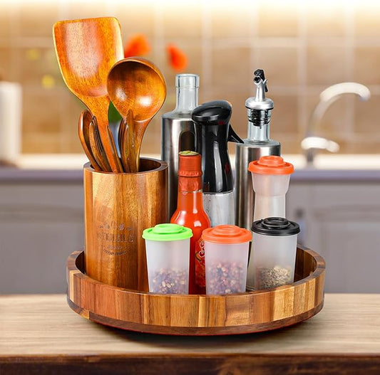12" Lazy Susan Wooden Revolving Spice Rack with Utensil Holder, Turntable Kitchen Organizers and Storage for Counter Refrigerator Pantry Cabinet Cupboard, Farmhouse Kitchen Decoration, Brown