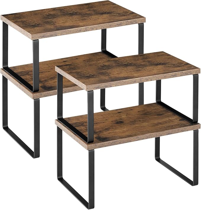 ETELI Kitchen Counter Cabinet Shelf Organizer Expandable Stackable Shelves Set of 4 Shelf Risers Small Counter Top Racks for Kitchen Cupboard Pantry, Brown