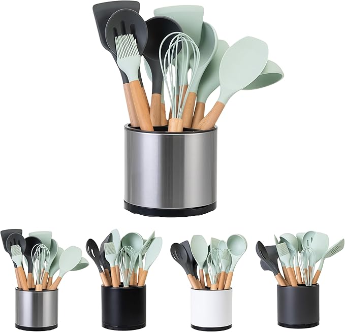 Utensil Holder,Kitchen Utensil Holder For Counter,Rotating Silverware Organizer Cooking Flatware Spoon Spatula Tool Cutlery Container Stainless Steel Caddy