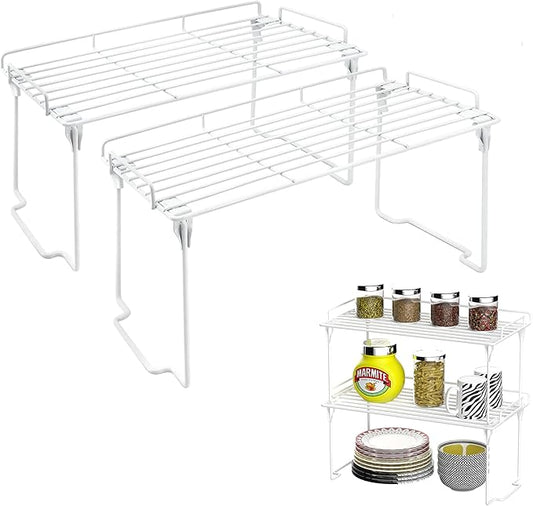 Redrubbit Kitchen Cabinet Storage Shelf Rack, Stackable & Foldable Counter Spice Racks, Multifunctional Storage Racks for Kitchen, Bathroom, Cupboard & Pantry Organization, Set of 2