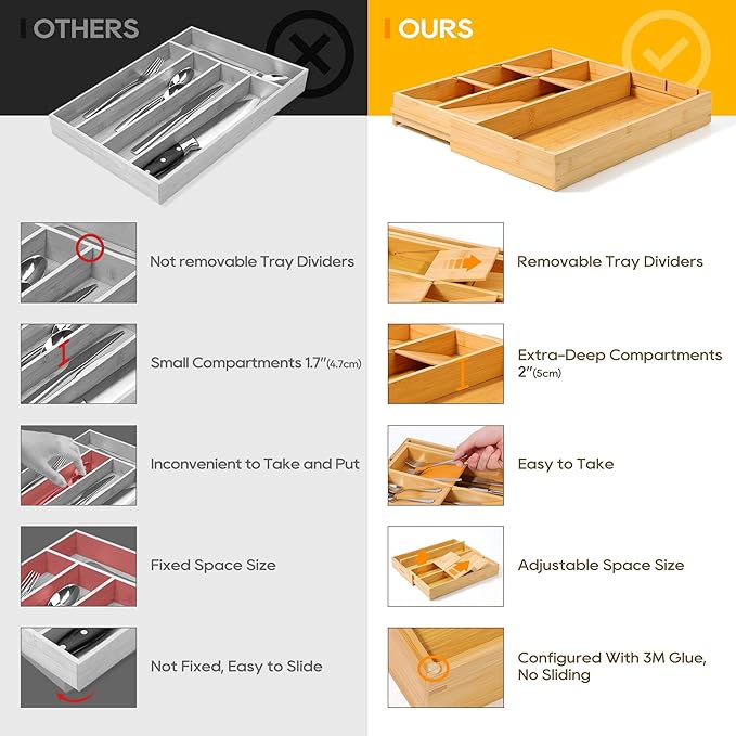Bamboo Silverware Drawer Organizer Tray, Removable Dividers and Expandable Kitchen Utensil Tray for Different Dimension Flatware, Spoons, Forks, Knives (Natural,7 Slots)