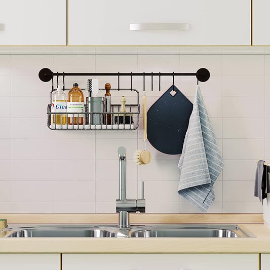 Wallniture 24" Gourmet Kitchen Rail for with 10 S Hooks for Hanging Utensils, Pot Pan Lid Rack Storage Organizer Set, Steel, Black
