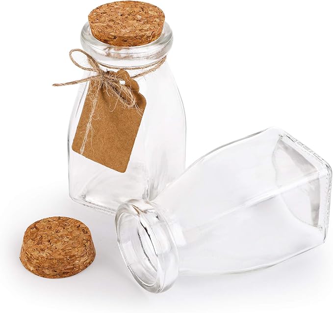 yarlung 30 Pack Glass Favor Jars with Cork Lids for Mother's Day Gift, 4 OZ Clear Small Candy Jars Set Square Decorative Bottles for Wedding, Baby Shower, Party Favor, Brown Labels and Strings