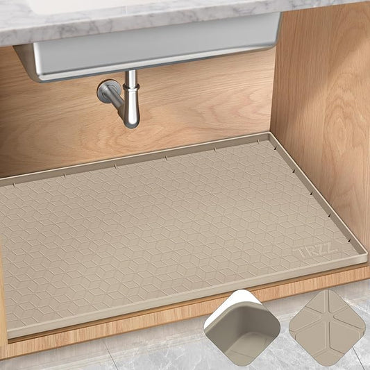 TRZZ Silicone Waterproof Under Sink Mat 28" x 19", Drip Tray and Cabinet Liner for Kitchen and Bathroom, Prevents Water Damage and Organizes Cabinets (Khaki)