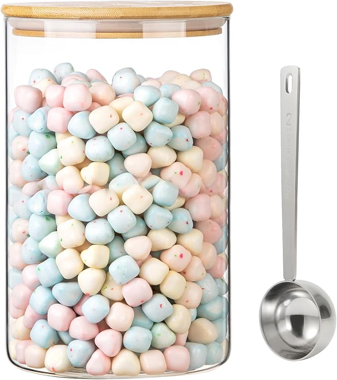 Wide Glass Jar with Bamboo Lid Clear Glass Food Canister with Scoop Thickened Glass Storage Jar for Kithen Pantry Cookie Coffee Ground Bean Tea Laundry Flour Sugar (3.5L/118 OZ-1 PACK)