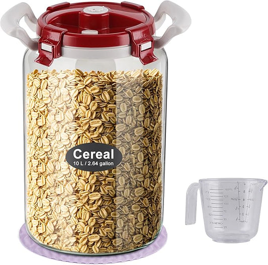 10L Glass Cereal Containers Storage Airtight with Lid: Premium Cereal Dispenser for Pantry - Non-Toxic & BPA-Free Large Canister for Dry Goods, Grain, Baking Containers Storage Set for Kitchen