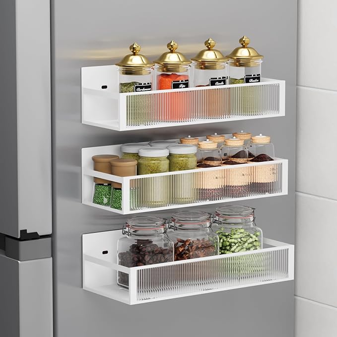 Magnetic Spice Rack for Refrigerator,3 Pack Magnetic Spice Storage Rack Organizer with Clear Acrylic Board for Refrigerator and Oven (White)