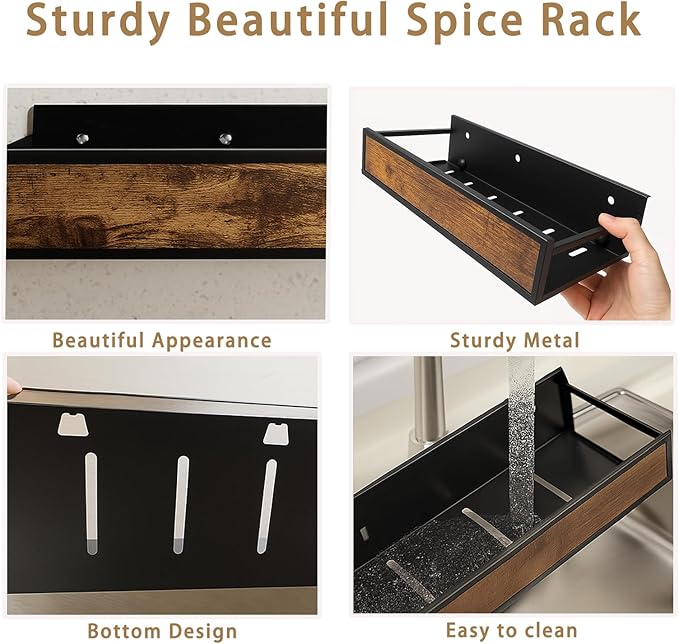 Spice Rack Wall Mount, 3 Pack Engineered Wooden Wall Mounted Hanging Spice Rack Organizer for Cabinet, Pantry Door, Easy Install Seasoning Organizer (3 Pack, Adhesive Or Screw Installed)
